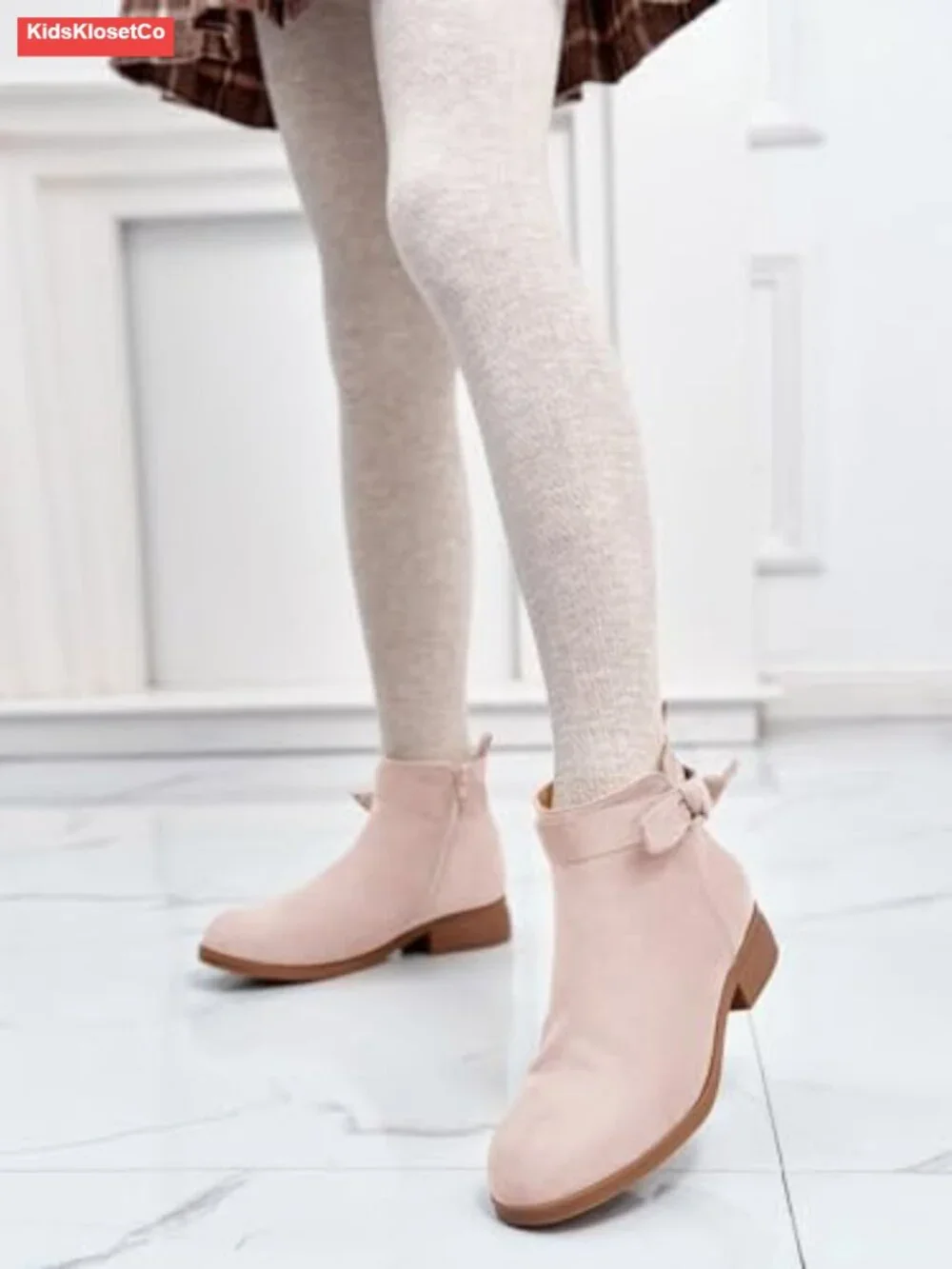 Girls Suede Ankle Boots Bowknot Chunky Heel Side Zipper Cute Dress Booties